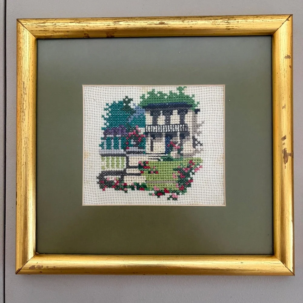 VTG Framed Cross Stitch House‎ Garden Needlepoint Folk Art Cottagecore 10x10